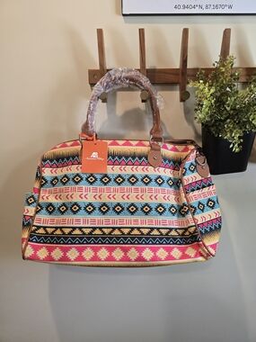 Aztec Print Travel Weekender Bag with Tan Handles